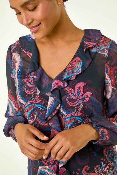 Roman Purple Paisley Print Frill Top