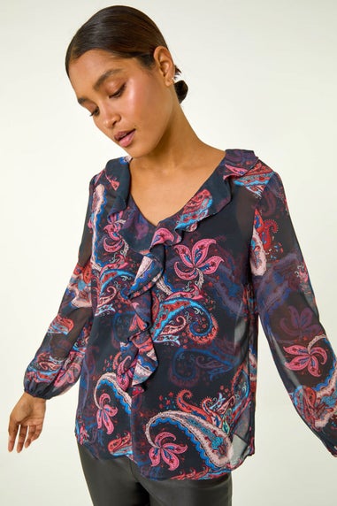 Roman Purple Paisley Print Frill Top