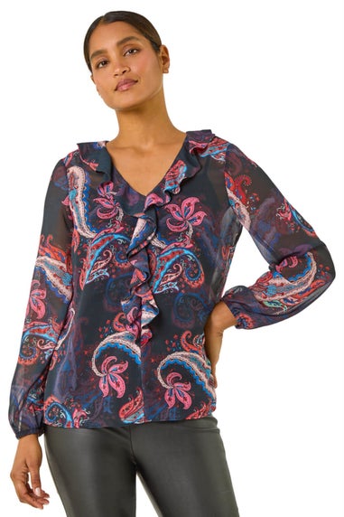 Roman Purple Paisley Print Frill Top