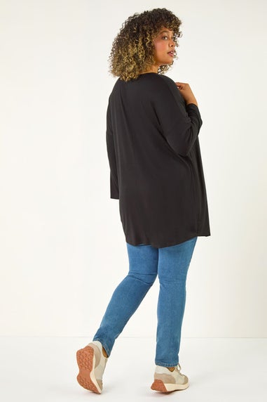 Roman Black Curve V-Neck Pleat Tunic Top