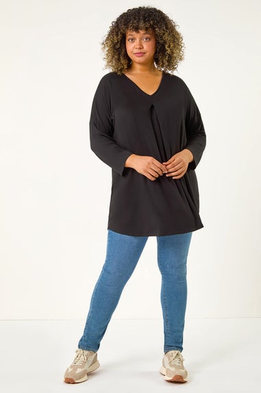 Roman Black Curve V-Neck Pleat Tunic Top