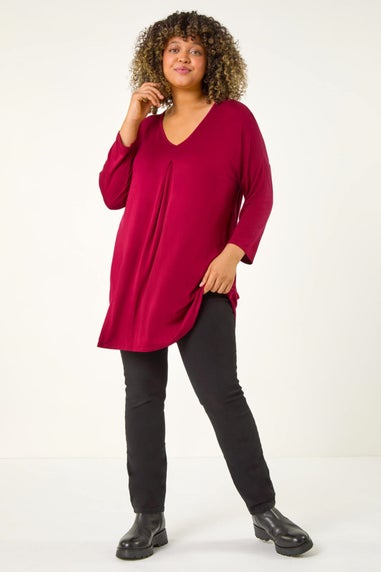 Roman Maroon Curve V-Neck Pleat Tunic Top