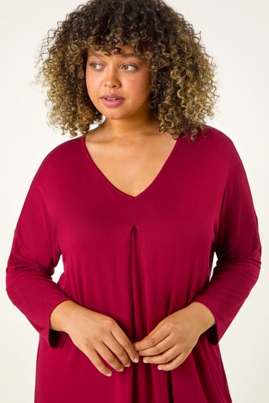 Roman Maroon Curve V-Neck Pleat Tunic Top