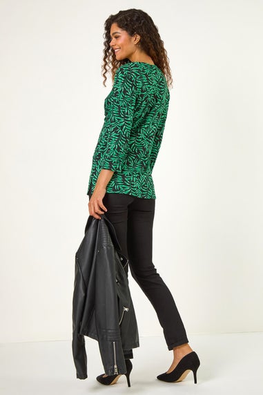 Roman Green Leaf Print V-Neck Twist Front Top