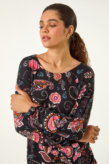 Roman Pink Banded Hem Paisley Print Top