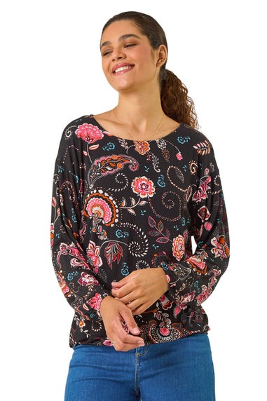 Roman Pink Banded Hem Paisley Print Top