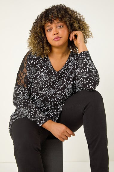 Roman Black Curve Lace Shoulder Paisley Top