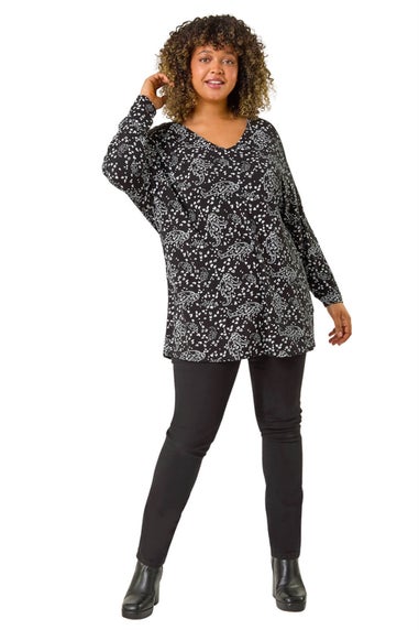 Roman Black Curve Lace Shoulder Paisley Top