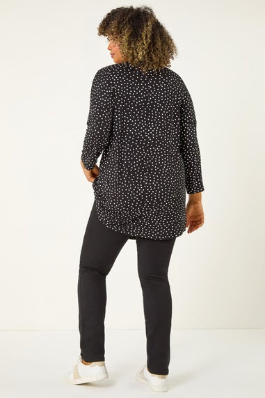 Roman Black Curve V-Neck Spot Print Tunic