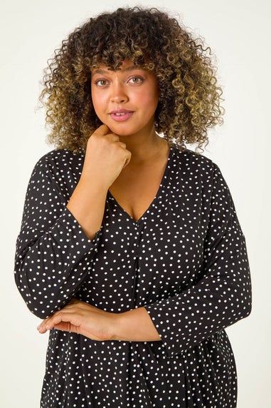 Roman Black Curve V-Neck Spot Print Tunic