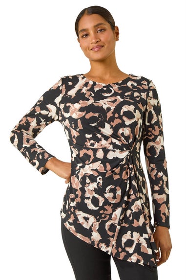 Roman Black Stretch Animal Print Twist Top