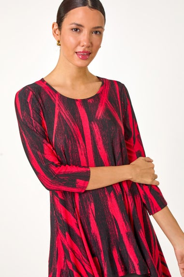 Roman Red Brush Print Hanky Hem Stretch Tunic Top