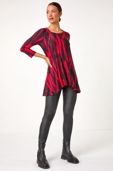 Roman Red Brush Print Hanky Hem Stretch Tunic Top