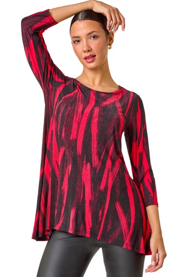 Roman Red Brush Print Hanky Hem Stretch Tunic Top