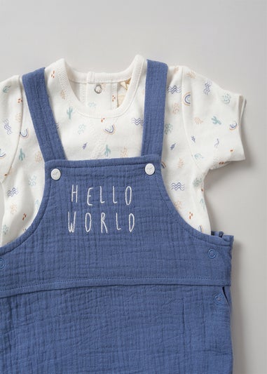 Homegrown Blue Hello World Print Dungaree Outfit Set