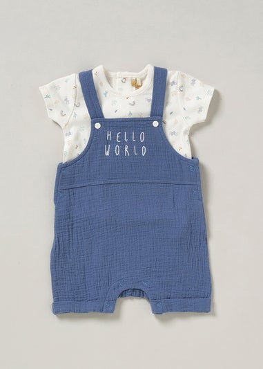 Homegrown Blue Hello World Print Dungaree Outfit Set