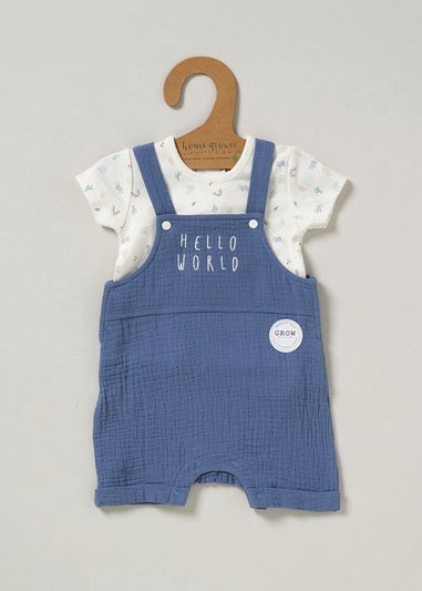 Homegrown Blue Hello World Print Dungaree Outfit Set