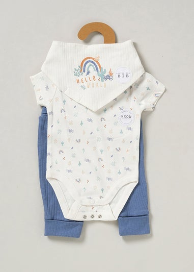 Homegrown Blue Hello World Print 3-Piece Bodysuit, Joggers and Reversible Bib Outfit Set