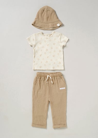 Homegrown Beige Under the Sea Print 3-Piece T-shirt Trousers and Reversible Bucket Hat Outfit Set