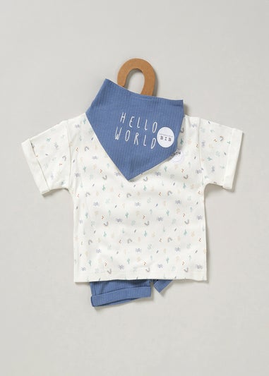 Homegrown Blue Hello World Print 3-Piece T-Shirt, Shorts and Reversible Bib Set