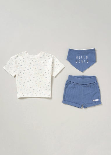 Homegrown Blue Hello World Print 3-Piece T-Shirt, Shorts and Reversible Bib Set