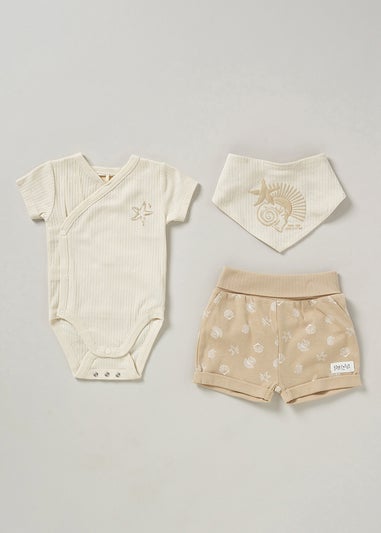 Homegrown Beige Under the Sea 3-Piece Bodysuit, Shorts and Reversible Bib Set