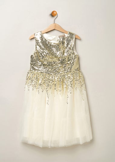 Miss Beige Sequin Twist Bow Waterfall Dress