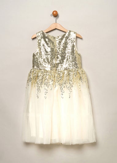 Miss Beige Sequin Twist Bow Waterfall Dress