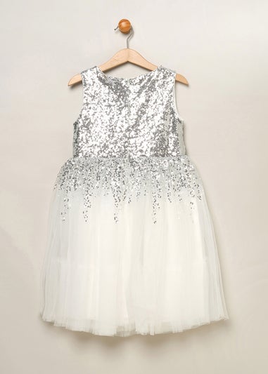 Miss White Sequin Twist Bow Waterfall Dress