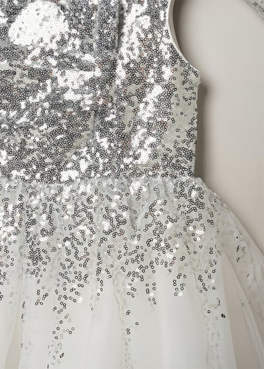 Miss White Sequin Twist Bow Waterfall Dress