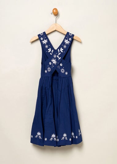 Miss Navy Floral Embroidered Dress with Cross Over Straps