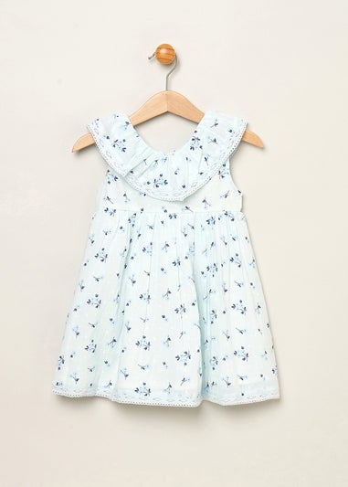 Rock a Bye Baby Light Blue Floral Print Frill V-neck Dress and Headband Outfit Set