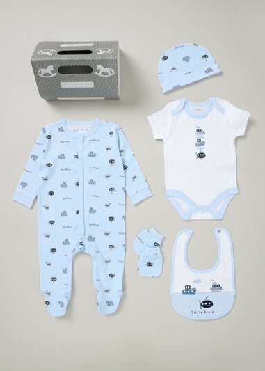 Rock a Bye Baby Light Blue Boat Print All in One Cotton 5-Piece Gift Set