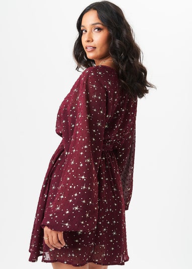 Gini London Burgundy Star Print Long Sleeve Mini Dress