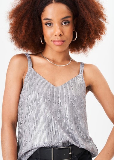 Gini London Silver Sequin V Neck Cami Top