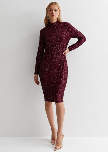 Gini London Plum Sequin High Neck Bodycon Dress