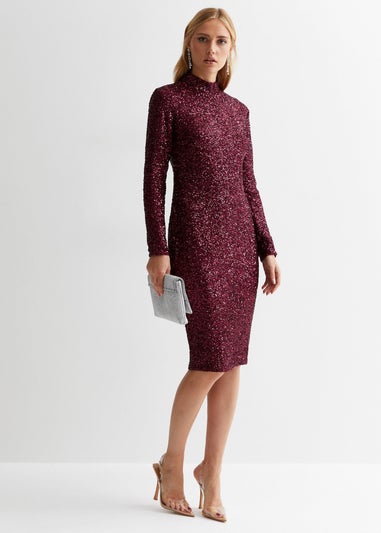 Gini London Plum Sequin High Neck Bodycon Dress