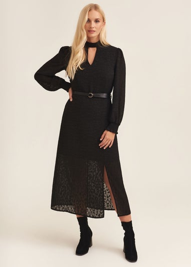 Gini London Black Long Sleeve Keyhole Neckline Waist Tie Midi Dress