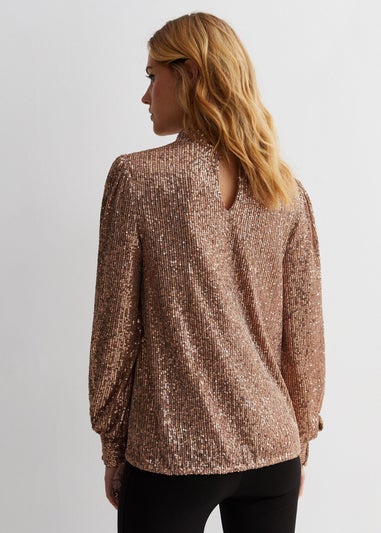 Gini London Mink Brown Sequin High Neck Loosefit Blouse