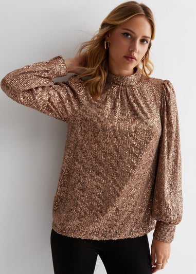 Gini London Mink Brown Sequin High Neck Loosefit Blouse