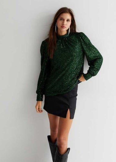 Gini London Green Sequin High Neck Loosefit Blouse