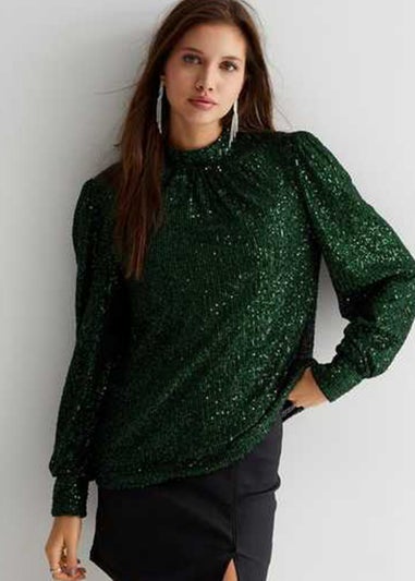 Gini London Green Sequin High Neck Loosefit Blouse