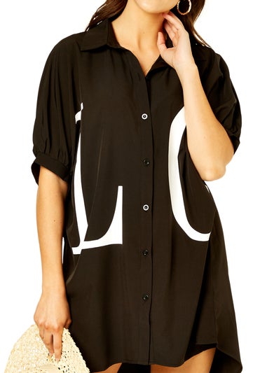 Gini London Black Oversized Love Batwinged Shirt Dress