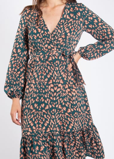 Gini London Green Animal Print Long Sleeve Split Detail Midi Wrap Dress