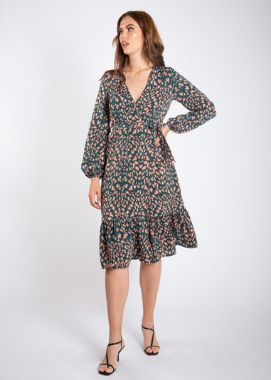 Gini London Green Animal Print Long Sleeve Split Detail Midi Wrap Dress