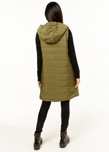 Gini London Khaki Longline Padded Hooded Gilet