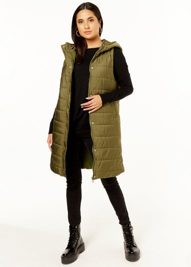 Gini London Khaki Longline Padded Hooded Gilet