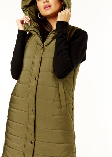 Gini London Khaki Longline Padded Hooded Gilet