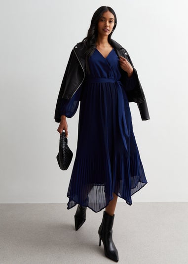 Gini London Navy Pleated Hanky Hem Wrap Midi Dress