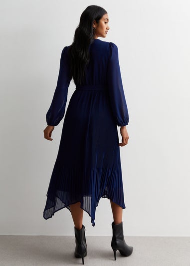 Gini London Navy Pleated Hanky Hem Wrap Midi Dress